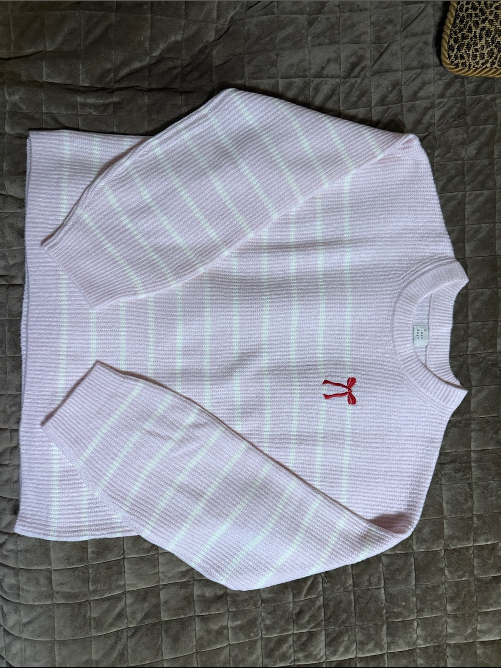 a new day Pink & White Striped Crewneck Sweater with Red Bow Detail